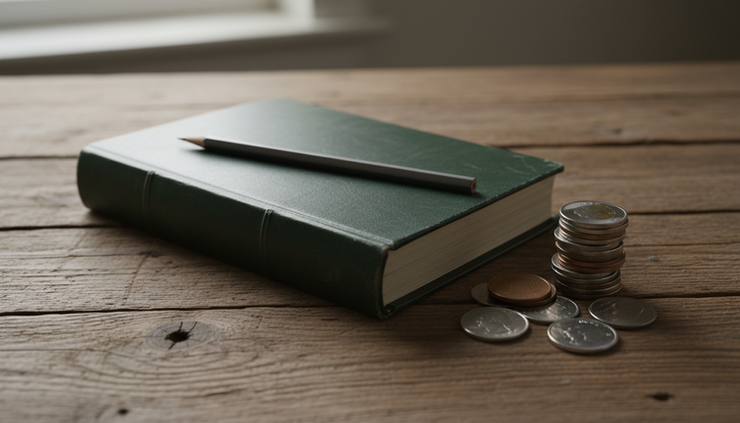 Wide-angle view of a closed ledger book beside Canadian coins on a rustic table.