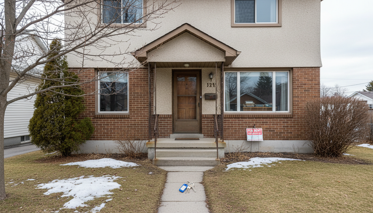 Eye-level view of a Canadian rental home with a small key ring on the front step