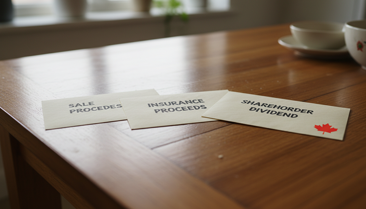 Close-up view of labelled envelopes on a wooden table showing company sale proceeds and shareholder distributions.