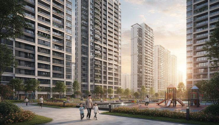 Wide-angle view of apartment buildings in a Chinese residential neighbourhood
