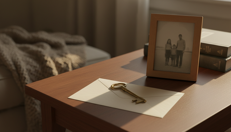 Eye-level view of a house key and sealed envelope beside a small framed family photo.