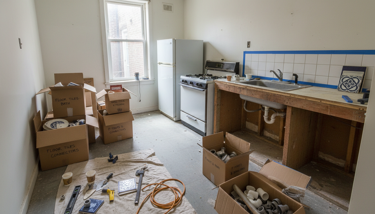 Wide-angle view of a partially repaired rental kitchen with tools and labelled material boxes