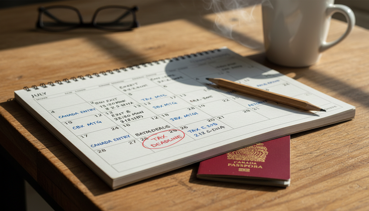 Close-up view of a paper travel calendar marked with entry and exit dates.