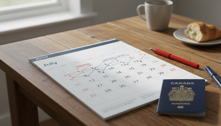Close-up view of a personal calendar with travel days marked between Canada and the United States.