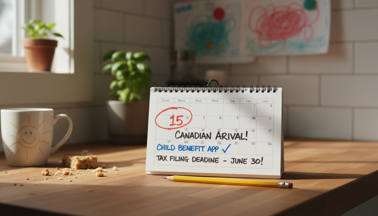 Close-up view of a family calendar showing a Canadian arrival date and benefit reminders