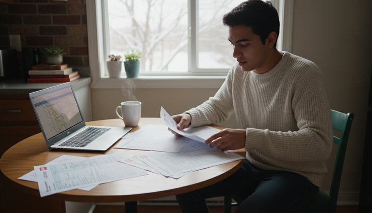Eye-level view of an international student sorting tax forms at a kitchen table