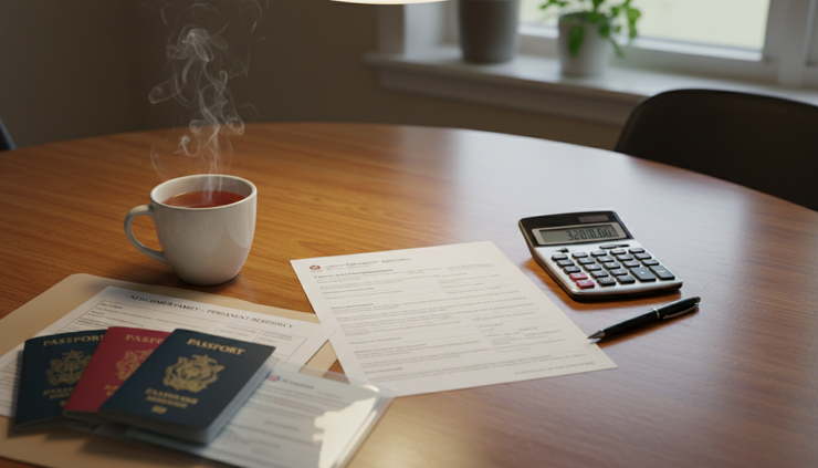 Close-up view of a completed child benefit form beside a calculator and a cup of tea.