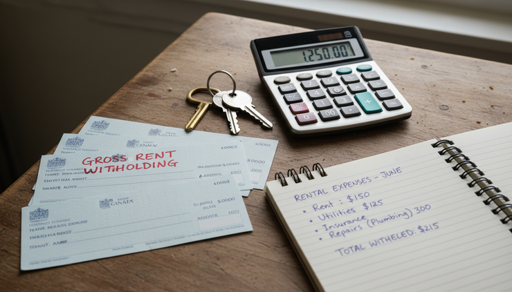 Close-up view of rent cheques and a calculator beside house keys.