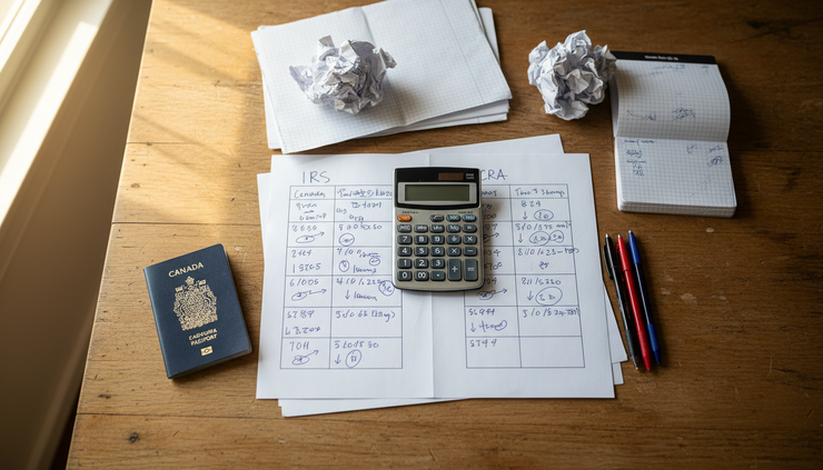 Overhead view of handwritten tax notes with separate columns for IRS and CRA on a kitchen table.