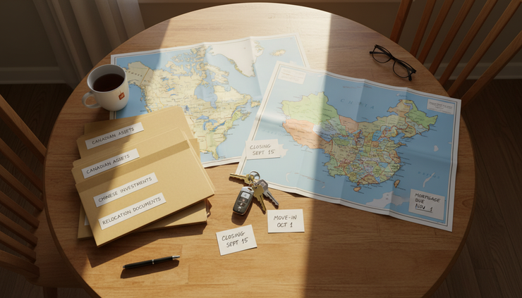 Overhead view of a kitchen table with printed maps of Canada and China