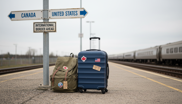 Eye-level view of a student backpack and suitcase beside a train platform sign.