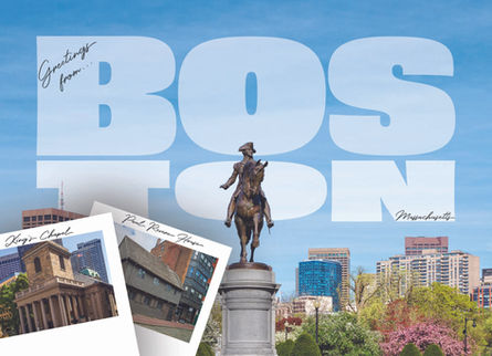 The front face of the Boston postcard featuring the George Washington statue