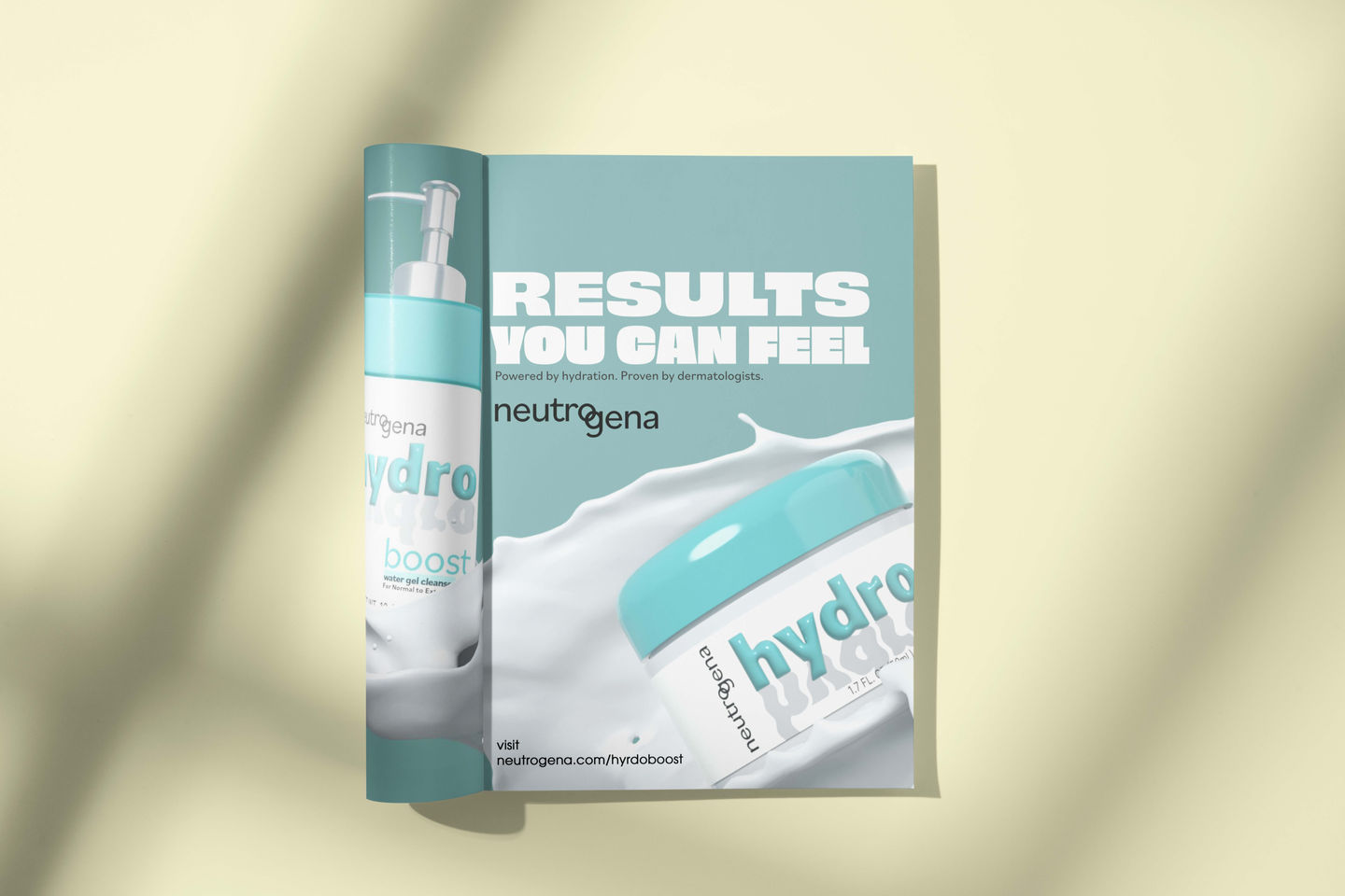 A magazine ad showcasing the redesigned Neutrogena packaging and logo