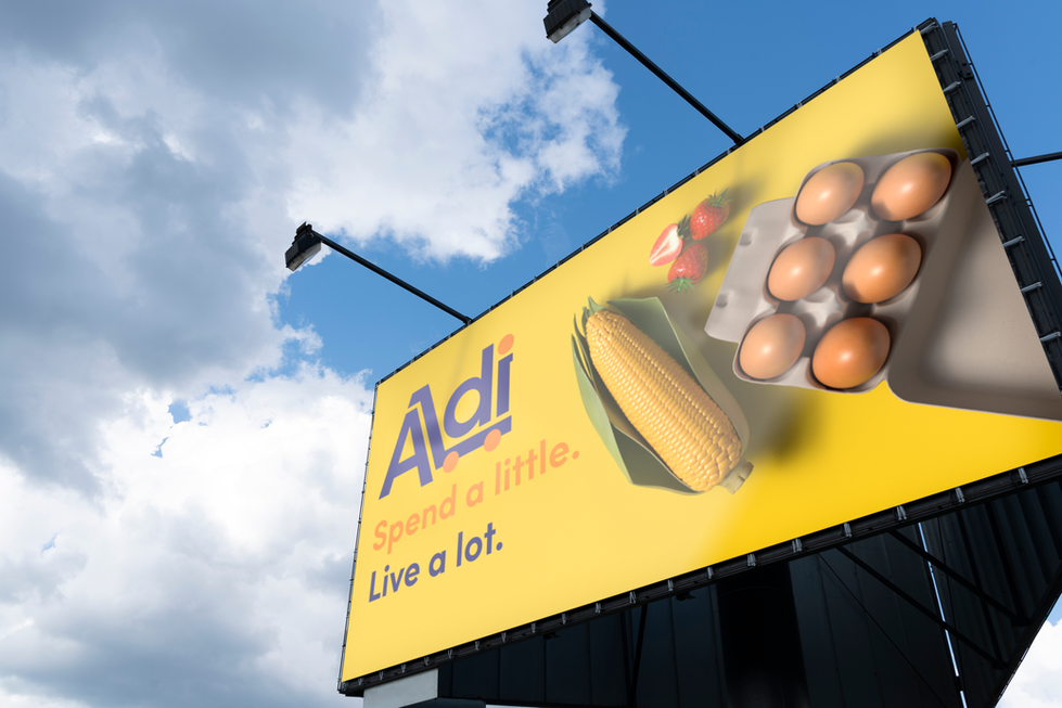 A digital mock-up of the Aldi logo on a billboard advertisement