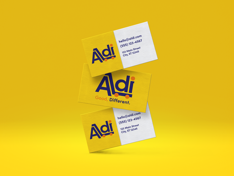 A digital mock-up of the Aldi logo on a set of business cards