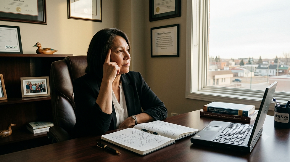 A woman sits thoughtfully at her office desk with an open notebook, laptop, and books on board governance, reflecting on strategic decisions.