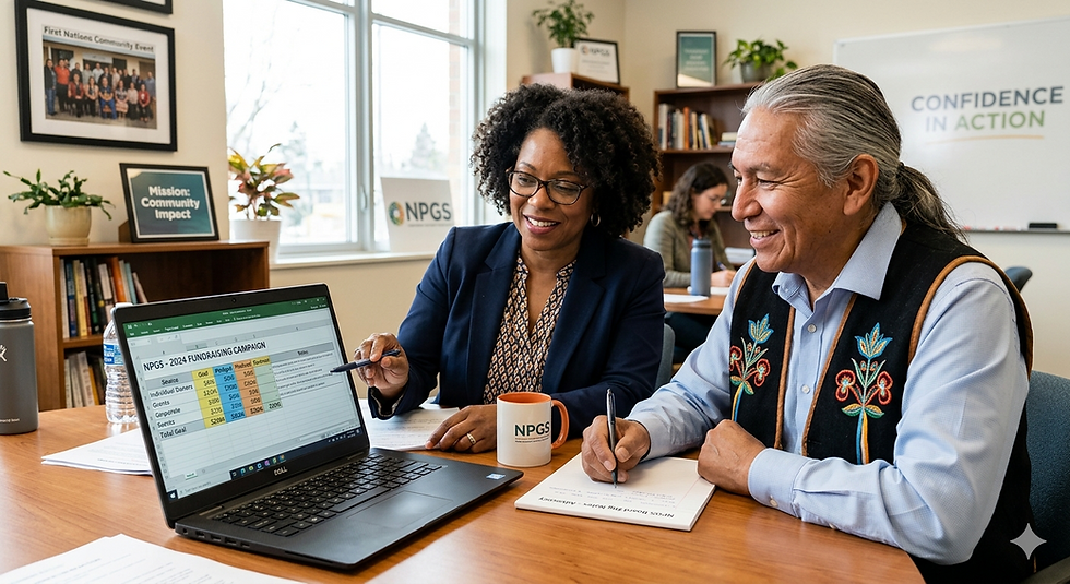 A male board member and a female board member smile while collaborating over a fundraising spreadsheet on a laptop in an office.