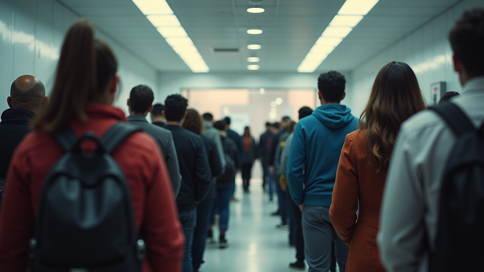 Eye-level view of a diverse group of people waiting in line at an immigration office