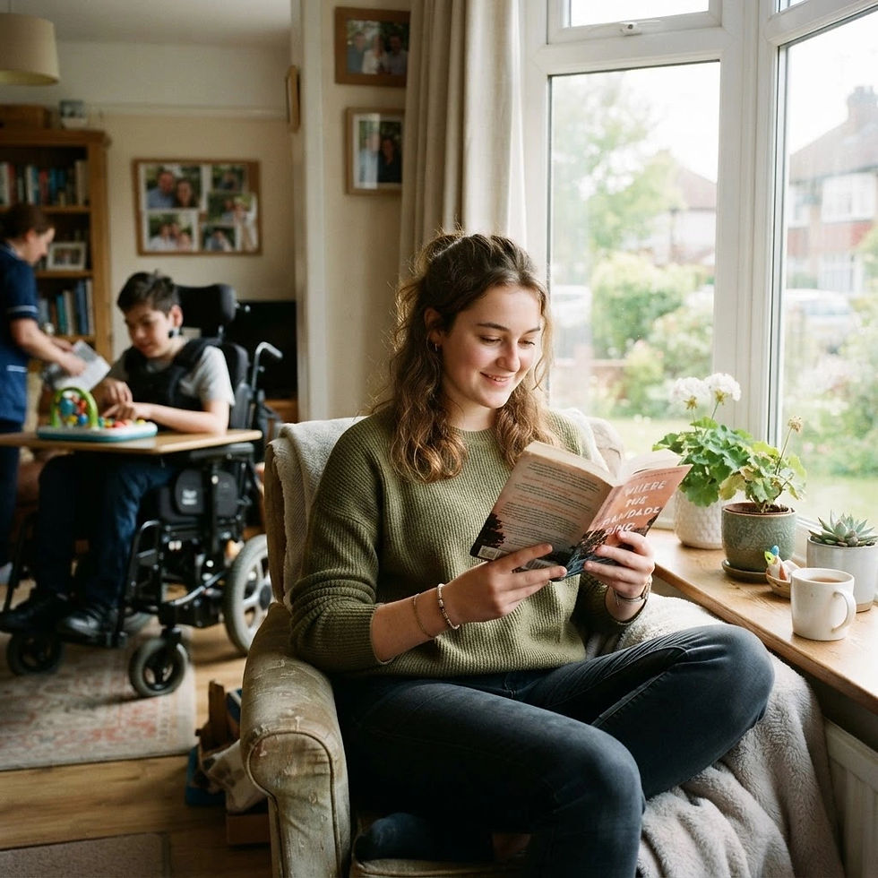 Overhead view of a caregiver taking a quiet break with tea beside a window while a mobility aid rests nearby.
