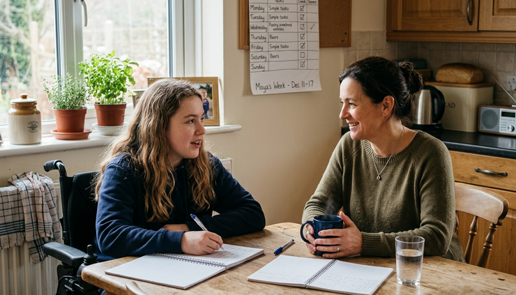 Eye-level view of a caregiver and teen sitting together at a kitchen table with notebooks and a warm drink.