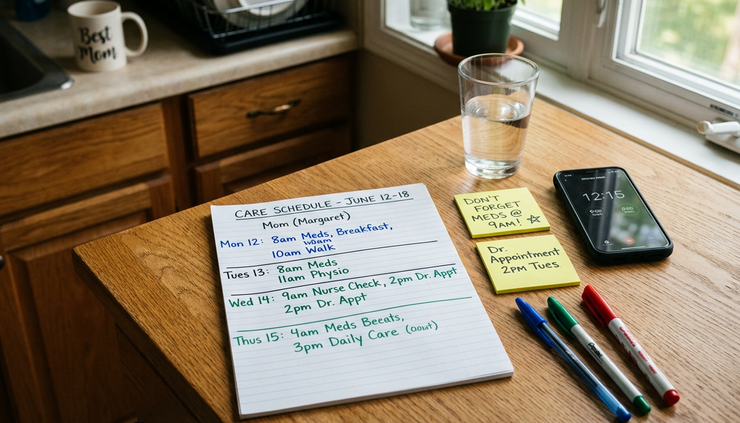 Close-up view of a handwritten caregiving schedule with colored pens and a phone timer beside it.