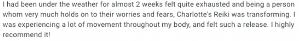 a testimonial from a client saying they ave been under the weather for 2 weeks and reiki was transformational for them