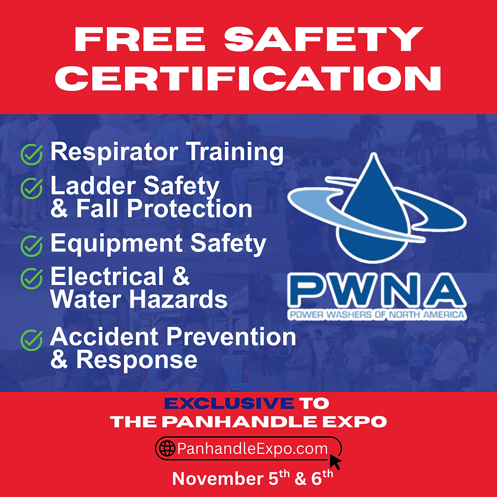 PWNA logo with text highlighting free safety certification, ladder safety, respirator use, chemical handling, and contractor training at Panhandle Expo 2025.