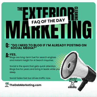 Green image with "The Exterior Cleaning Marketing FAQ of the Day" text. Shows a Q&A about blogging vs. social media. Includes a megaphone graphic. The Dab Marketing