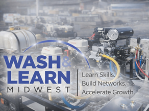 Wash and Learn Midwest event graphic featuring pressure washing equipment trailer setup with event logo and message about learning skills, building networks, and accelerating growth.