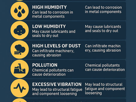 Infographic on environmental factors affecting materials: high/low temps, humidity, dust, pollution, vibration, chemicals, sunlight.