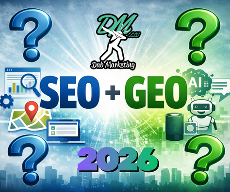 SEO + GEO 2026 text with Dab Marketing logo, question marks, graphs, a robot, AI, and map icons on a blue-green cityscape background.