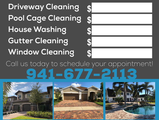 Example 5er Round aka Fiver Round Local cleaning services flyer with prices. Images of cleaned driveways and pool. -Dab Marketing