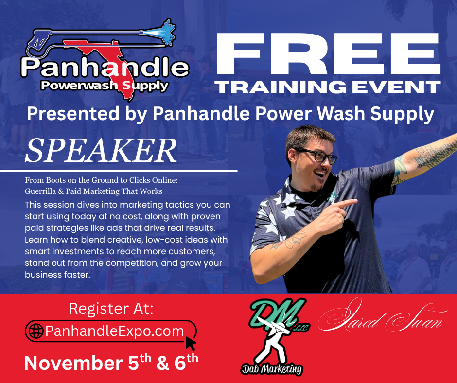 Jared Swan pointing with excitement; text promotes free training on marketing tactics by Panhandle Power Wash. Event set for Nov 5-6 2025 by Panhandle Power Wash Supply.