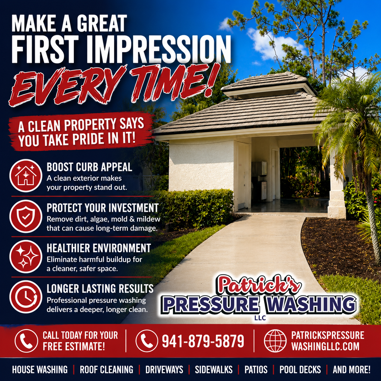 Beautiful Florida home with a professionally cleaned driveway and walkway after exterior house washing and pressure washing service.