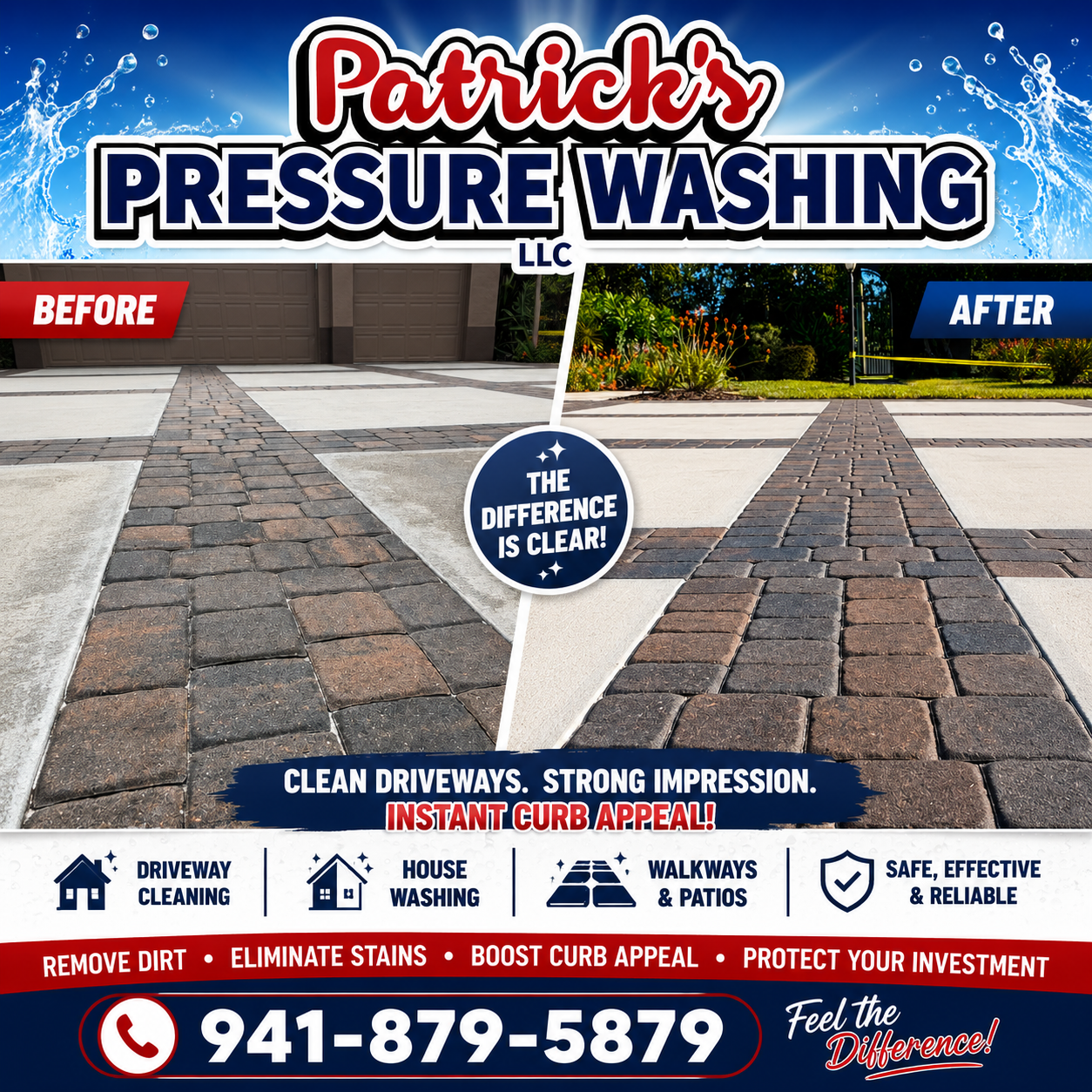 Before and after driveway pressure washing showing restored paver driveway by Patrick's Pressure Washing in Sarasota and Lakewood Ranch, Florida.