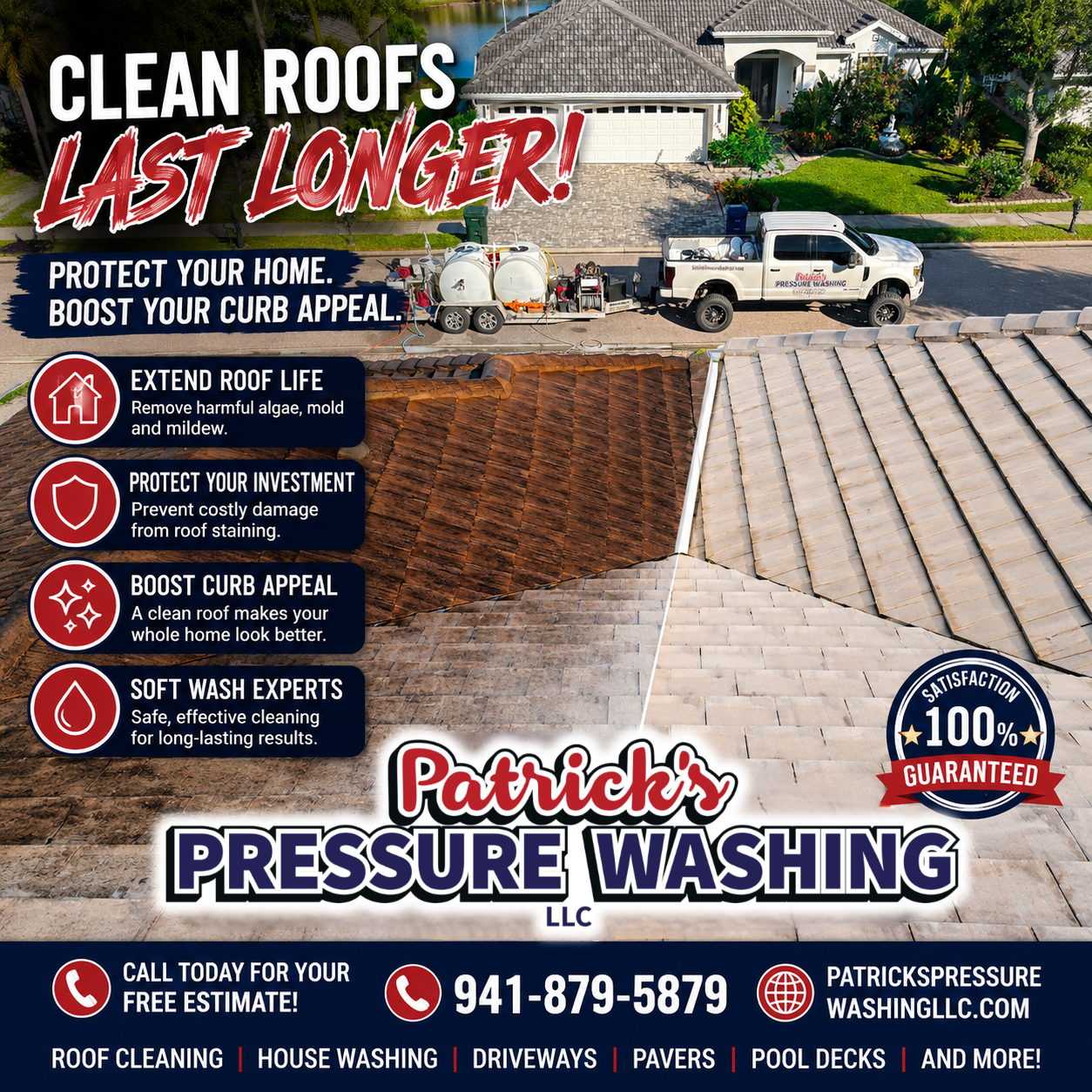 Before and after roof cleaning using soft washing to remove black algae stains from a Florida tile roof by Patrick's Pressure Washing.