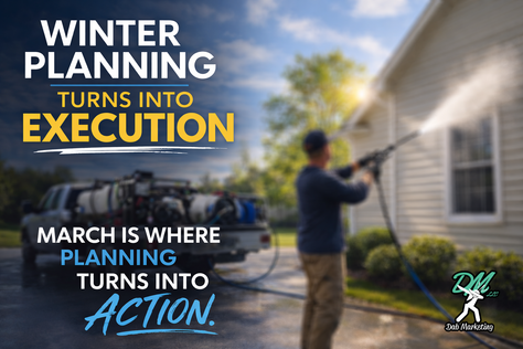 Contractor pressure washing a house with truck mounted pressure washing skid while text reads March is where planning turns into execution for pressure washing contractors.