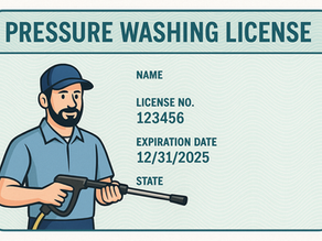 Man holding pressure washer on a license with blue text: "Pressure Washing License," "License No. 123456," "Expiration 12/31/2025."