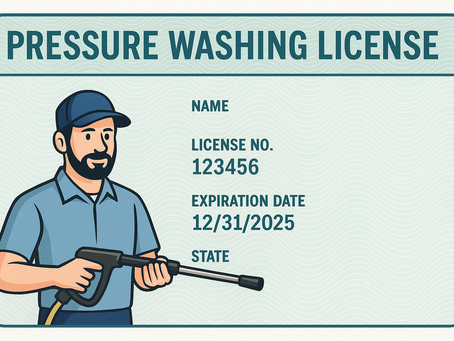 Man holding pressure washer on a license with blue text: "Pressure Washing License," "License No. 123456," "Expiration 12/31/2025."