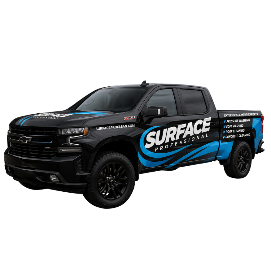 Commercial pressure washing team cleaning a business exterior in North Florida and South Georgia for Surface Professional.