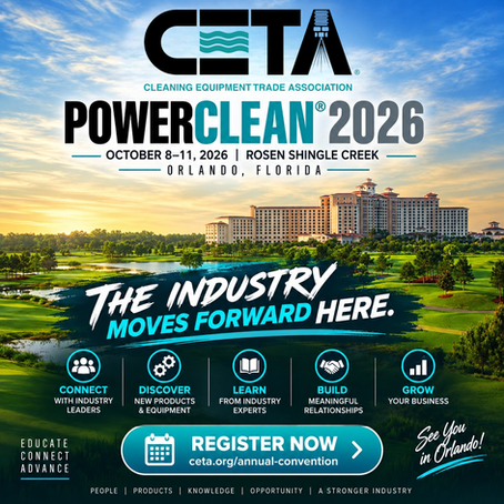 CETA PowerClean 2026 event poster over Orlando resort and golf course at sunset, with Register Now button event information.