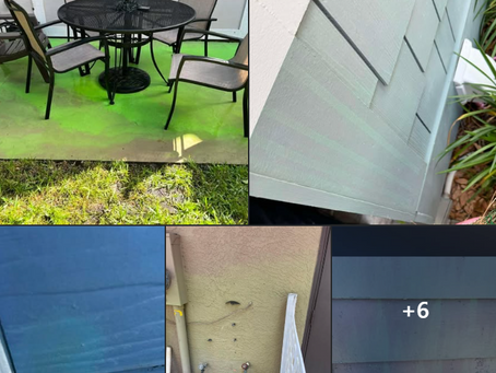 Collage of house siding and a patio table. Siding is blue and light gray, patio has black set on green-stained concrete. "+6" overlay visible. SH can damage any color. All paint needs a test.
