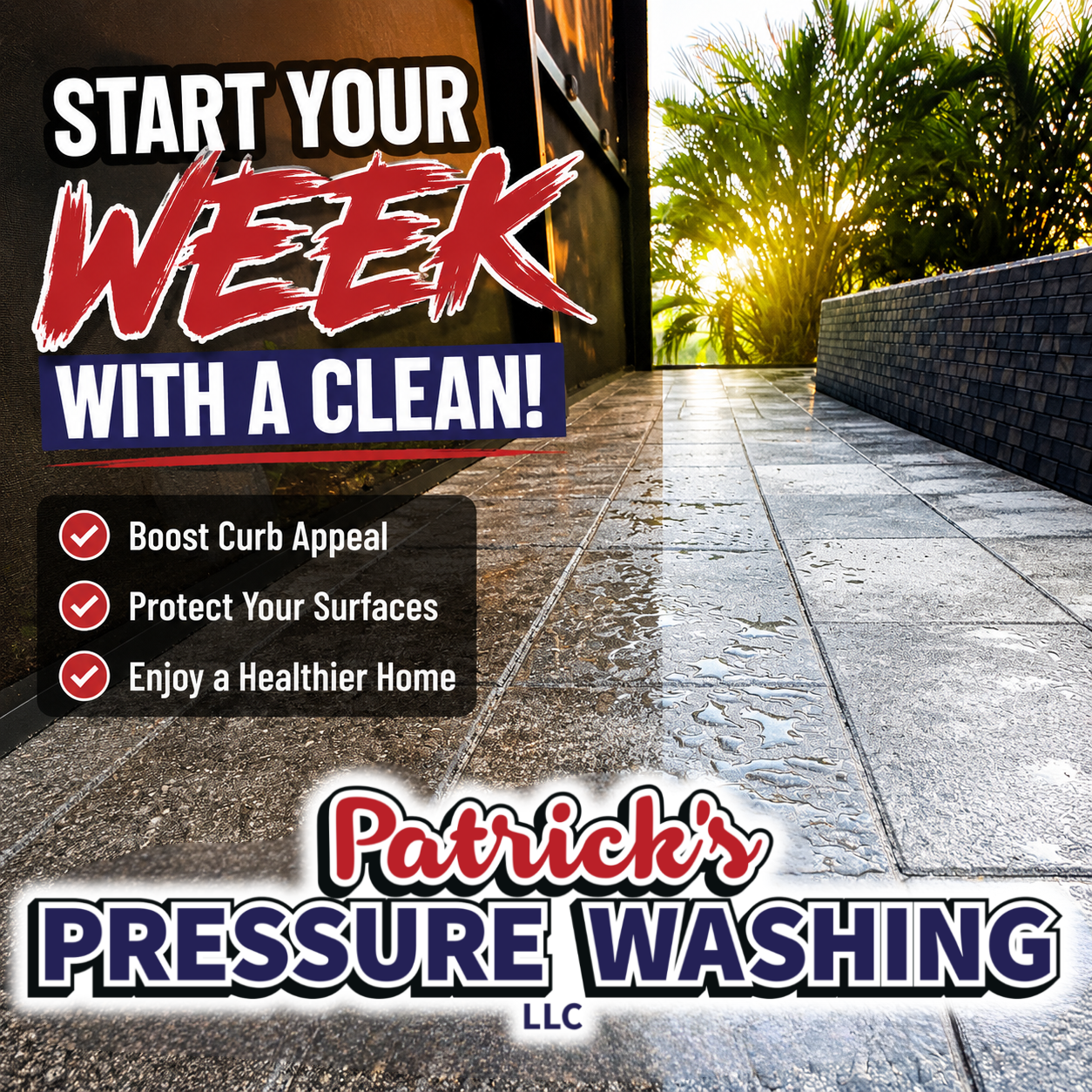 Freshly cleaned patio and outdoor walkway after professional pressure washing service by Patrick's Pressure Washing in Sarasota, Florida.