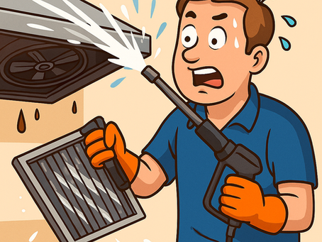 Man cleaning hood vent with pressure washer, looking anxious. Text: "IS CLEANING A HOOD VENT REALLY THAT EASY?" Background: kitchen setting.