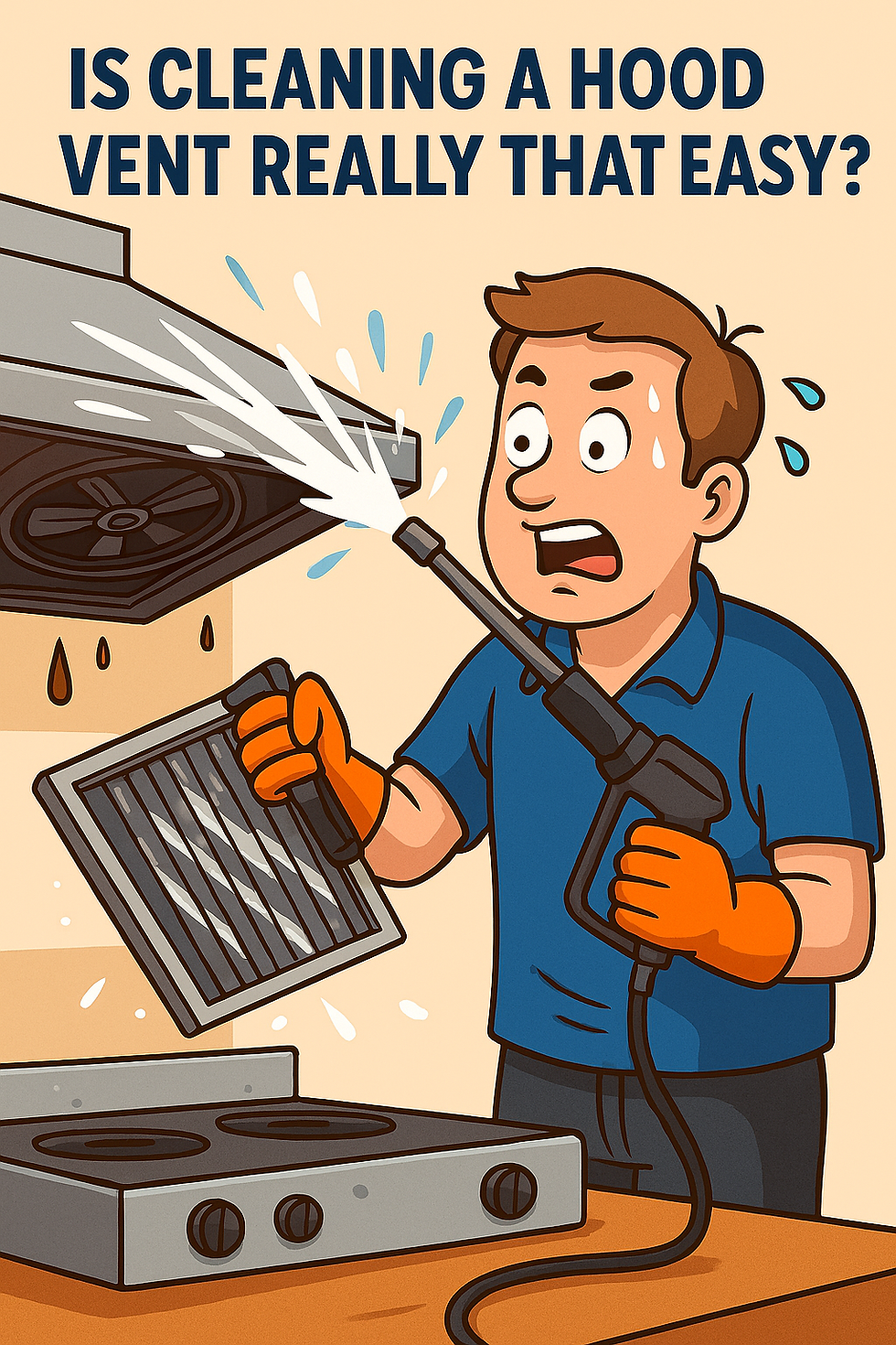 Man cleaning hood vent with pressure washer, looking anxious. Text: "IS CLEANING A HOOD VENT REALLY THAT EASY?" Background: kitchen setting.
