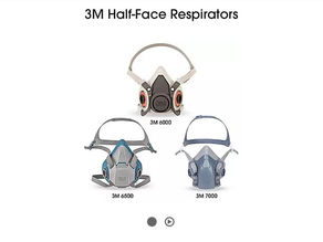 3M Half-Face Respirators: Models 6000, 6500, and 7000 shown against a white background. Gray and blue tones, labeled with names.