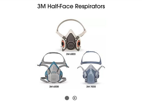 3M Half-Face Respirators: Models 6000, 6500, and 7000 shown against a white background. Gray and blue tones, labeled with names.