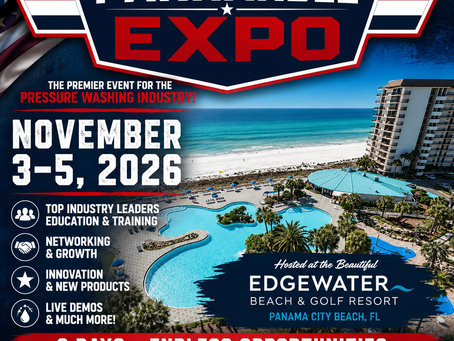 Panhandle Expo poster over beach resort, announcing Nov. 3-5, 2026 in Panama City Beach, FL, for pressure washing industry.