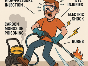 Man using pressure washer. Text highlights dangers: injection, eye injuries, electric shock, burns, carbon monoxide poisoning, falls. Panhandle Expo teaches safety