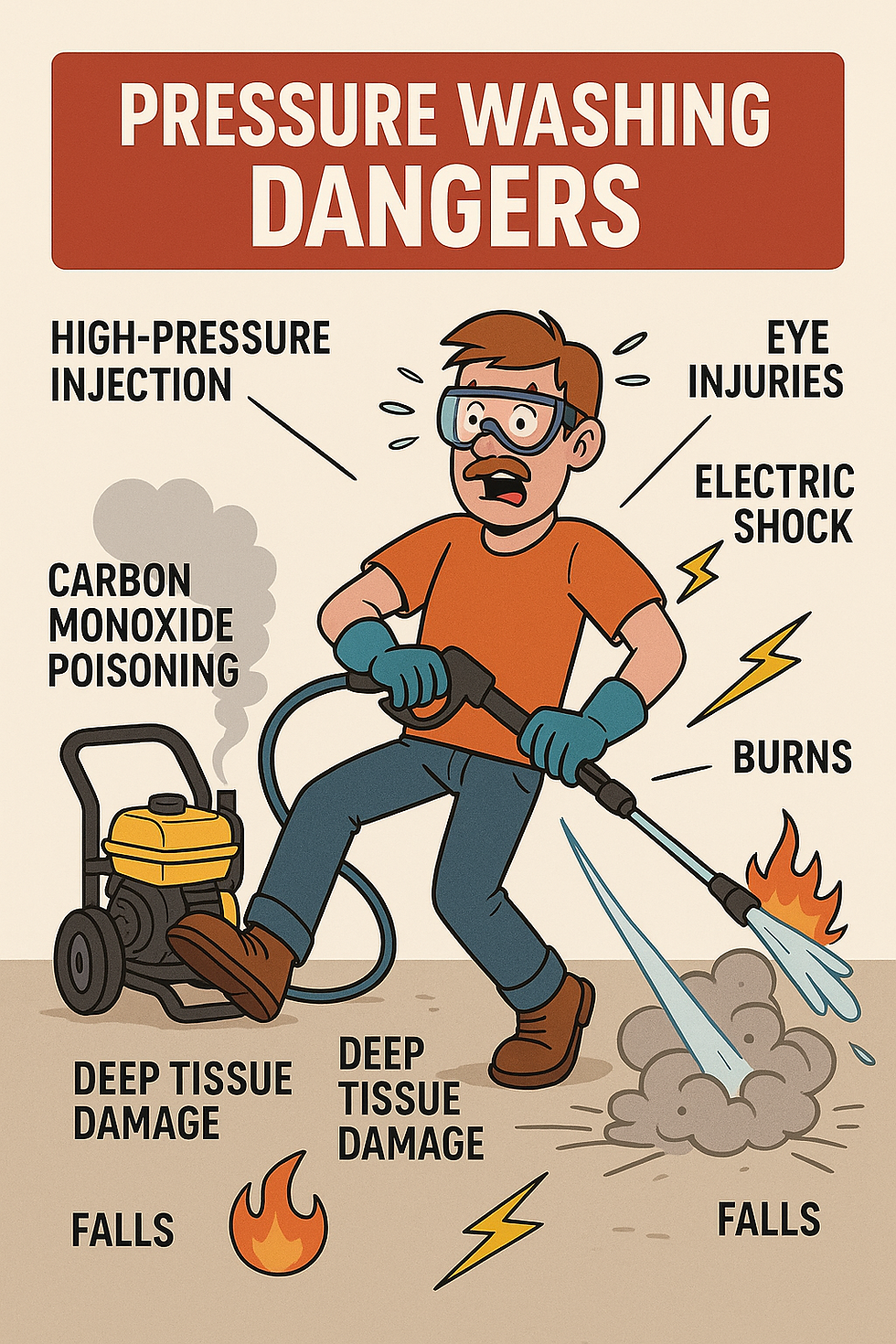 Man using pressure washer. Text highlights dangers: injection, eye injuries, electric shock, burns, carbon monoxide poisoning, falls.
